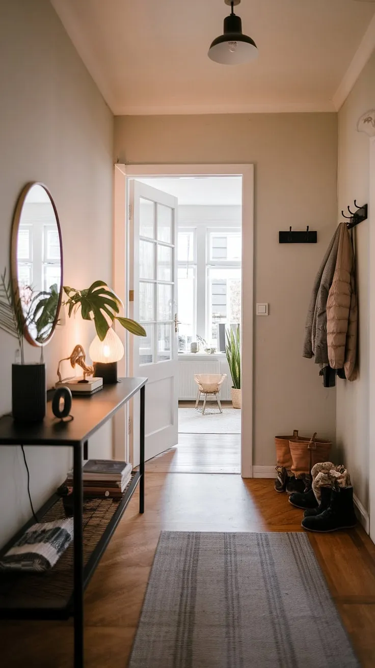 Step into serenity. This minimalist entryway, with its cozy hallway and elegant entryway design, offers a perfect blend of modern style and welcoming warmth. Entry room goals achieved with this minimalist console table and clever entryway ideas.