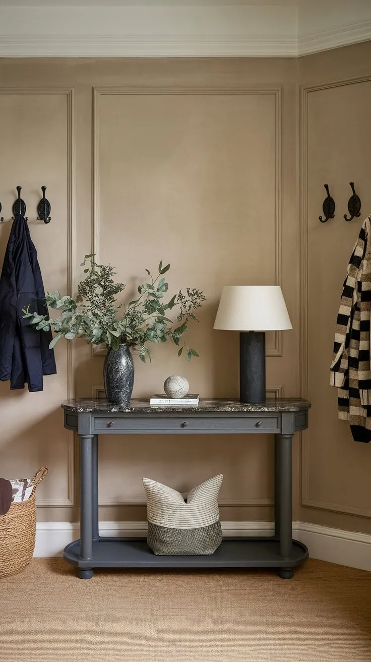 Step into serenity. This minimalist entryway, with its cozy ambiance and elegant console table, sets the perfect tone for your home. Entry room goals achieved.
