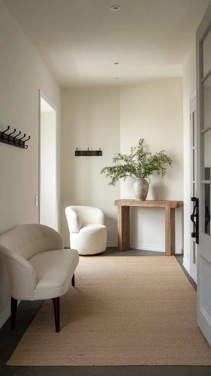 A minimalist entryway redefined. This bright and airy space showcases clever entryway ideas, transforming a simple entry room into an elegant entryway. The minimalist console table and cozy hallway complete this modern entryway design.