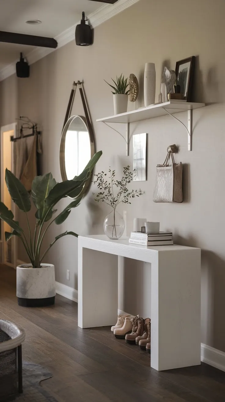 This minimalist entryway showcases the beauty of simple design. A cozy hallway is transformed into a stylish and functional space with a minimalist console table, strategically placed shelves, and a calming color palette. The modern entryway's thoughtful details, from the dark wood floors to the carefully curated wall art, create an elegant entryway that's both welcoming and effortlessly chic. Find inspiration for your own minimalist entryway here.