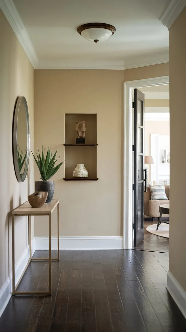 A minimalist hallway transformed into an elegant entryway. This cozy hallway showcases entryway ideas that are both modern and inviting, featuring a minimalist console table and subtle design elements. The perfect minimalist entryway for a stylish home.