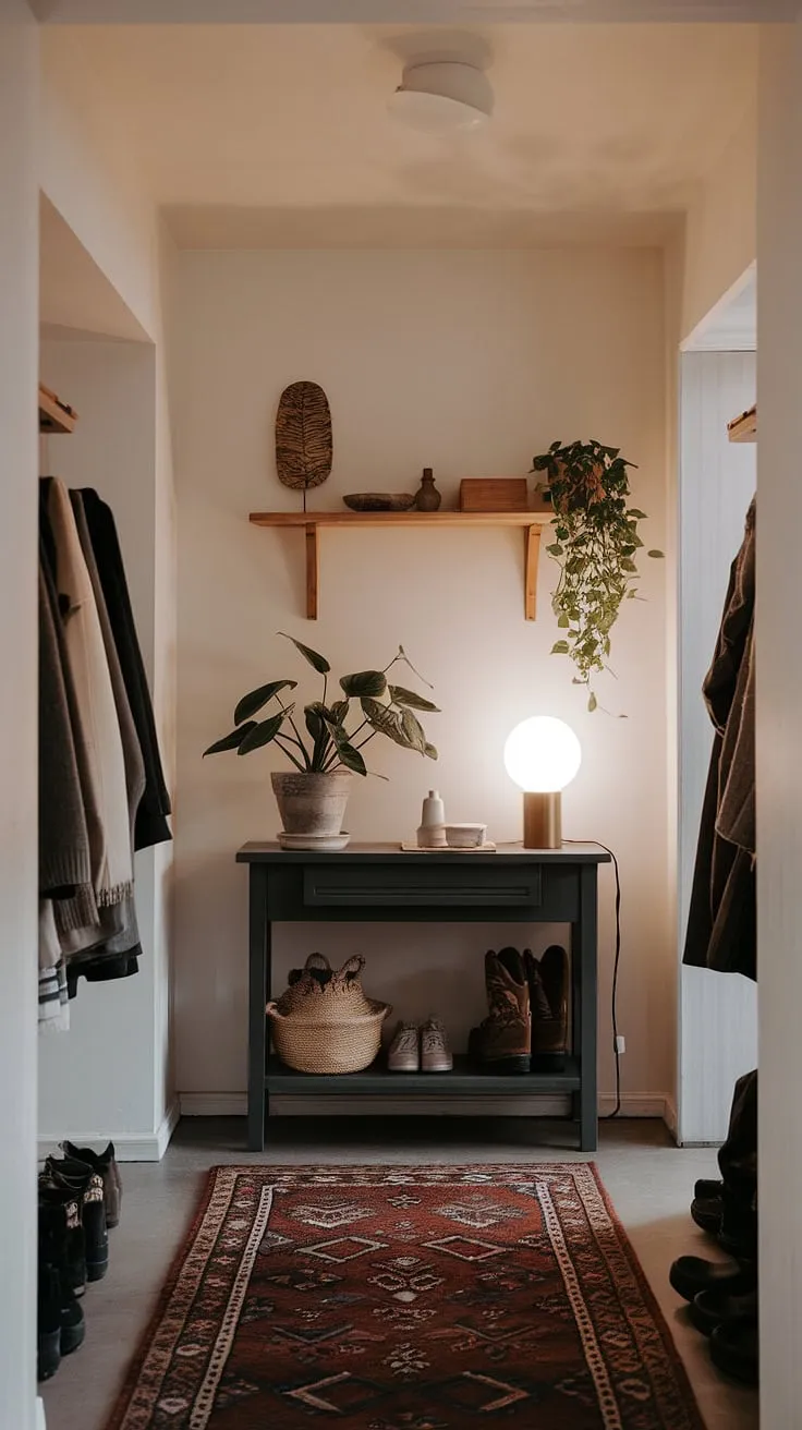 Step into serenity: This minimalist entryway, with its cozy ambiance and elegant design, offers the perfect blend of modern style and functional entry room storage. Entryway ideas for a sophisticated yet welcoming home.