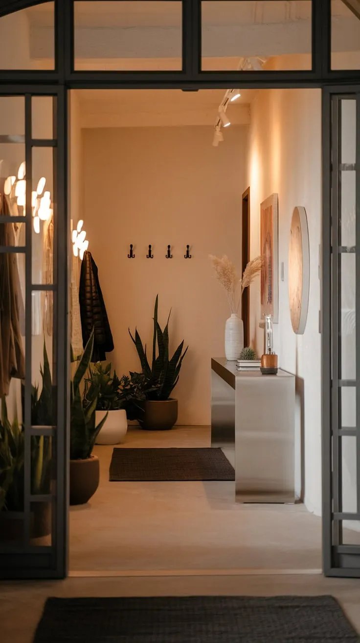 A minimalist entryway that's anything but minimal on style. This modern entryway, featuring a cozy hallway and minimalist console table, provides entryway ideas for a sophisticated and inviting home. The perfect minimalist hallway.