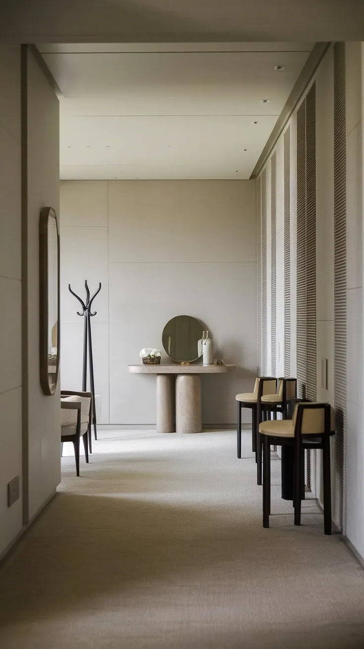 This modern entryway is the epitome of understated elegance. The minimalist design, featuring a light and airy color palette, transforms this cozy hallway into a chic and functional space. A minimalist console table anchors the area, perfectly complemented by a coat rack and comfortable seating. Explore these minimalist entryway ideas for your own elegant entry room.