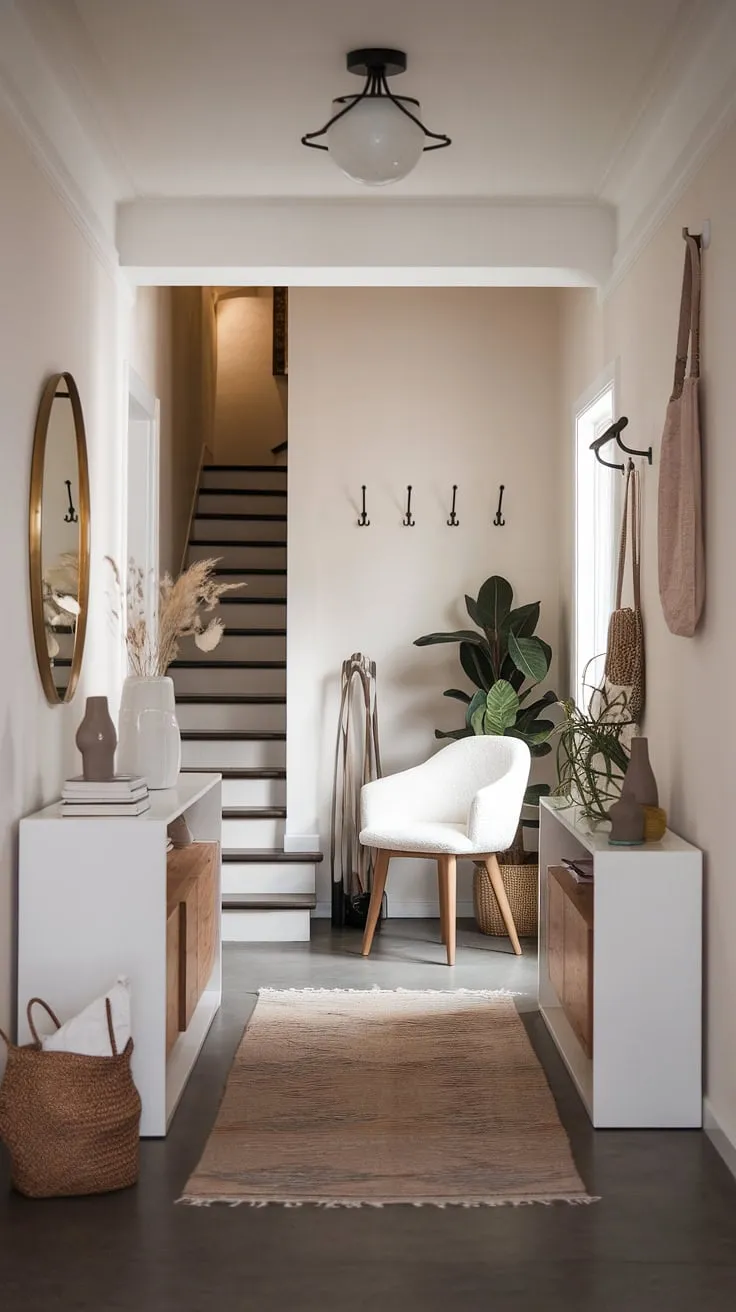 Modern entryway goals? This cozy hallway boasts a minimalist hallway design, featuring a minimalist console table and a touch of understated elegance. Perfect entryway ideas for a stylish and welcoming entry room.