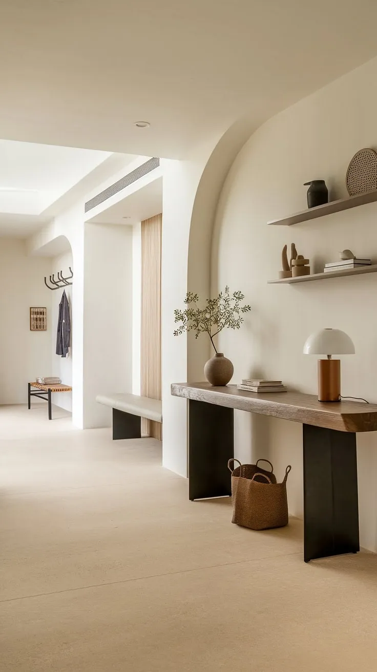 Step into serenity: This minimalist entryway, with its elegant design and cozy hallway feel, sets the perfect tone for your home. The minimalist console table and thoughtful decor create a modern entryway that's both stylish and functional.