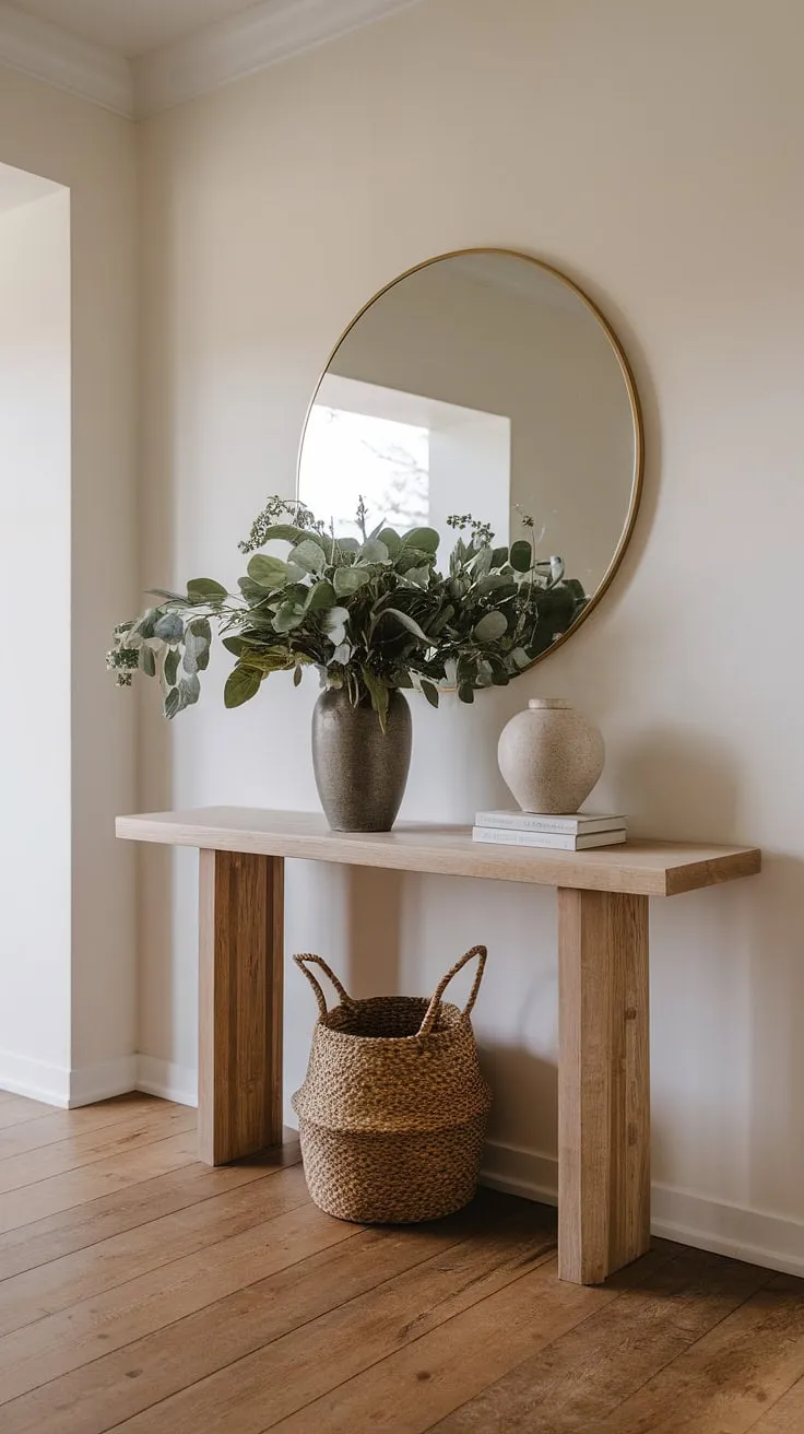 This cozy hallway welcomes you with a minimalist entryway design. A sleek, minimalist console table sits beneath a round mirror, creating a focal point in this modern entryway. The simple greenery adds a touch of nature to the space, making it an elegant entry room perfect for showcasing minimalist hallway and entryway ideas.