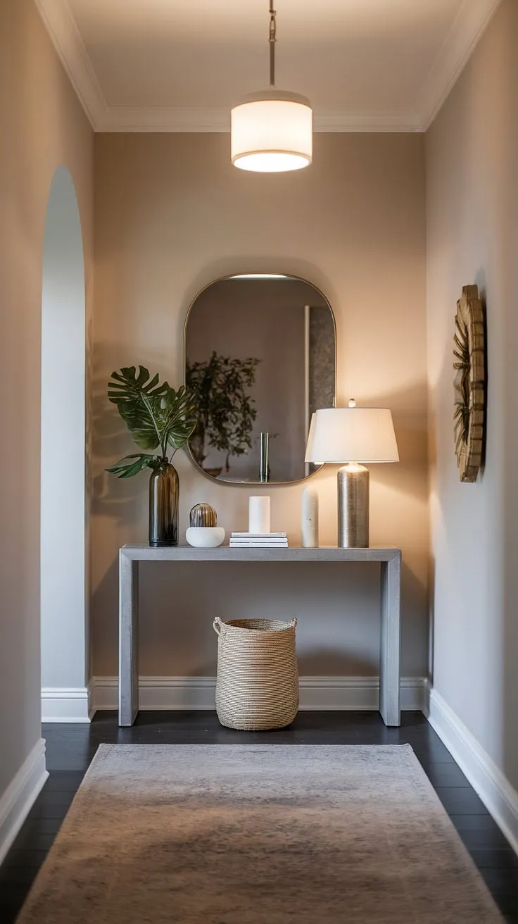 This elegant entryway is the epitome of modern design. A minimalist console table anchors the space, complemented by a touch of greenery and soft lighting. The result is a cozy hallway that feels both inviting and sophisticated. Explore these entryway ideas for your own minimalist entryway, transforming your entry room into a tranquil haven.