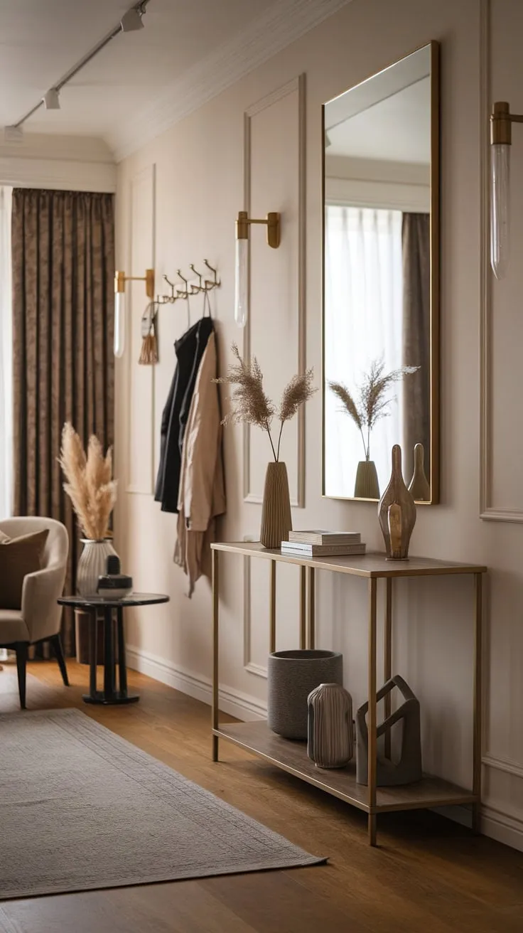 This elegant entryway showcases the perfect blend of modern and cozy. The minimalist hallway features a minimalist console table, thoughtfully styled, and a full-length mirror, maximizing space and light. Simple yet sophisticated, this design offers inspiring entryway ideas for a minimalist entryway that's both functional and beautiful.