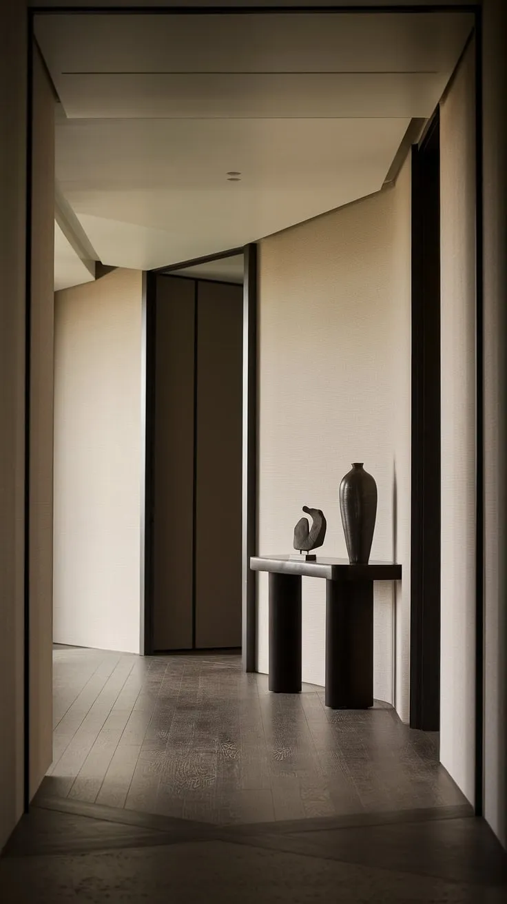 This modern entryway boasts a minimalist hallway design, featuring a dark wood floor and beige walls. A minimalist console table, adorned with a few carefully chosen decorative items, adds a touch of elegance to this cozy hallway, offering inspiration for your own minimalist entryway ideas.