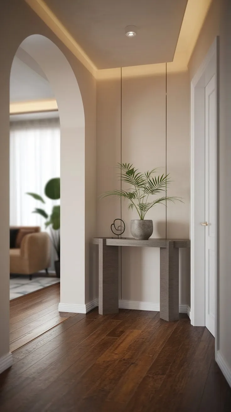 Step into serenity with this minimalist entryway. The cozy hallway, featuring a sleek wooden floor and white walls, sets a calming tone. A minimalist console table, adorned with a potted plant and decorative object, adds a touch of elegance to this modern entry room. The blurred background hints at the inviting living space beyond, making this minimalist entryway design the perfect blend of form and function. This elegant entryway offers endless entryway ideas for creating a welcoming and stylish home.