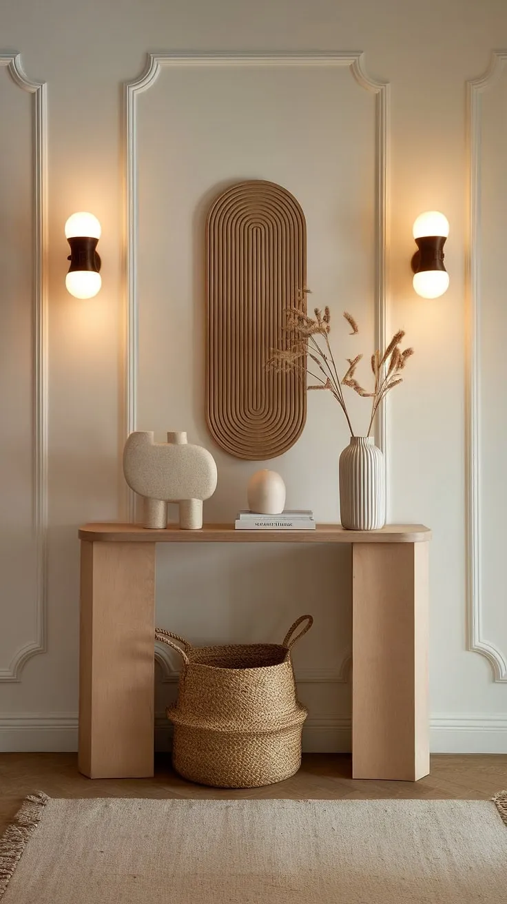 A cozy hallway transformed: This minimalist entryway showcases a modern entryway design with a minimalist console table, creating an elegant entry room perfect for entryway ideas.