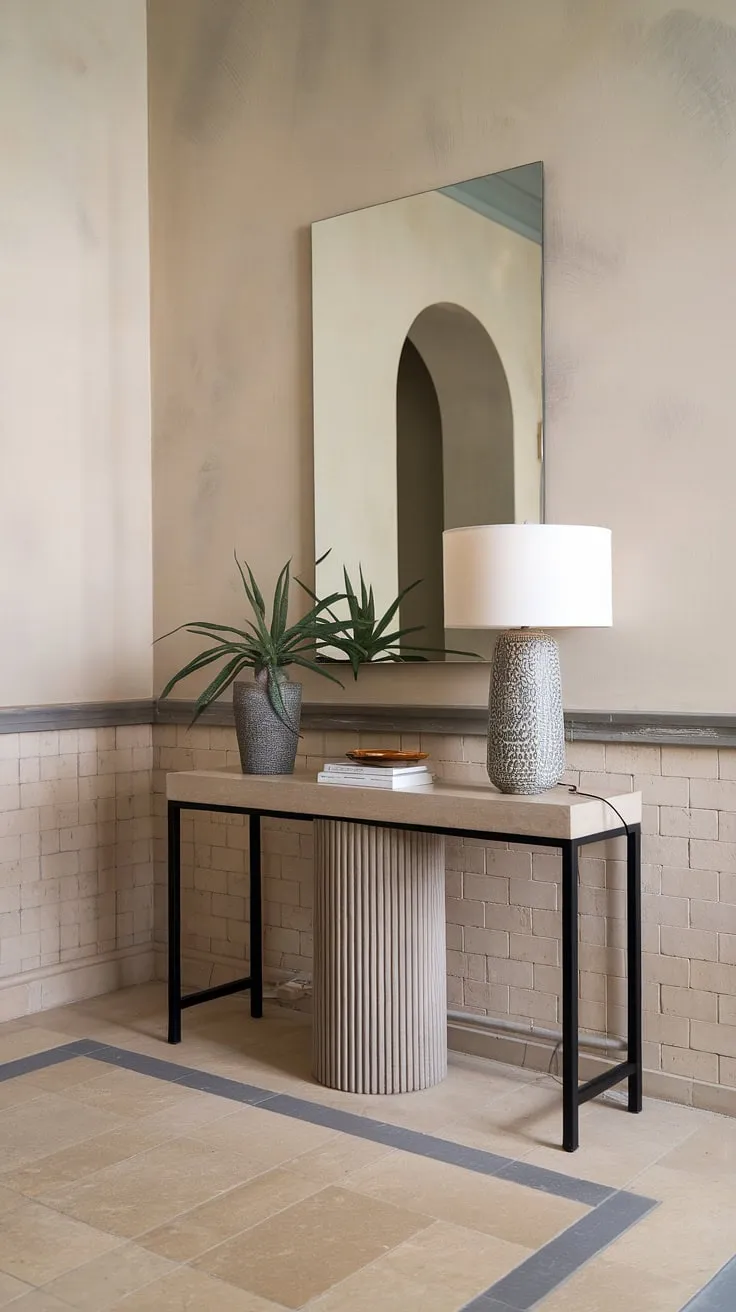 Step into serenity. This minimalist entryway, with its elegant design and cozy hallway feel, offers a perfect blend of modern entryway style and functional entry room design. The minimalist console table and large mirror complete this minimalist entryway.