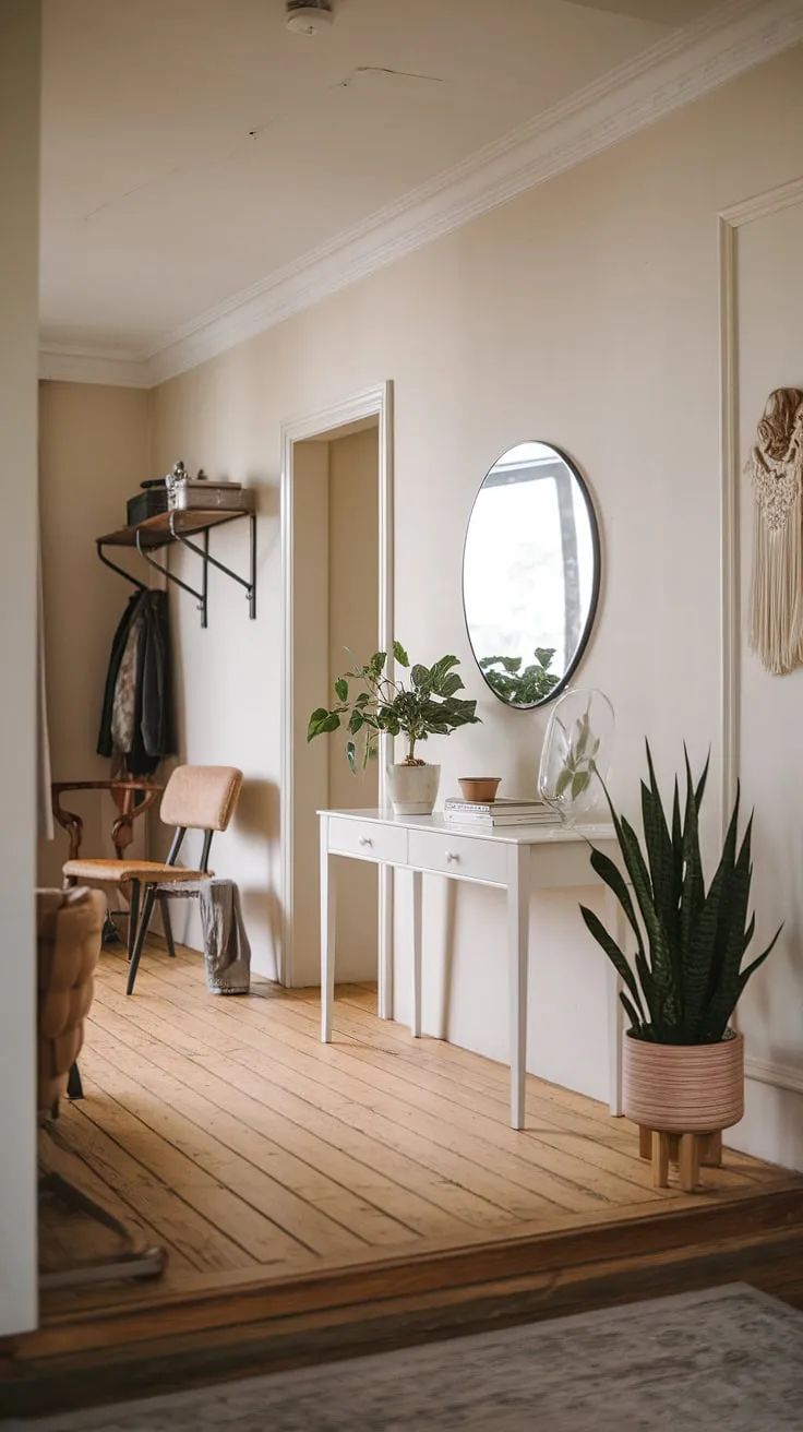 This elegant entryway is the epitome of cozy hallway design. A minimalist console table anchors the space, while a strategically placed plant and mirror add warmth and personality. The light and airy feel of this modern entryway, complete with a simple coat rack and chair, makes it a perfect example of minimalist entryway design. Find inspiration for your own entry room with these simple yet effective entryway ideas.