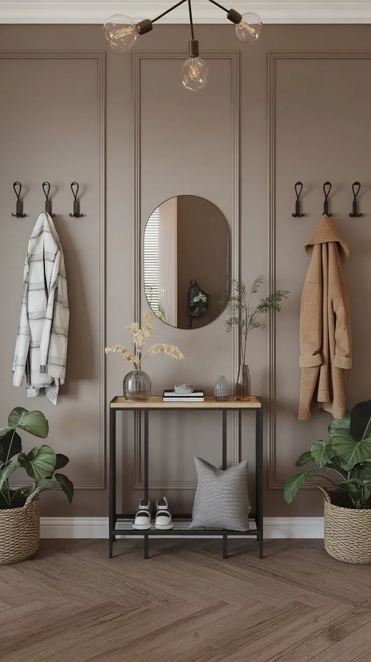 Step into serenity with this minimalist entryway. The elegant entryway design features a minimalist console table, perfectly styled with a few carefully chosen items. Warm wood floors and strategically placed plants create a cozy hallway atmosphere, while wall hooks offer practical storage. This modern entryway is the epitome of stylish functionality, providing entry room inspiration for your own minimalist hallway design.