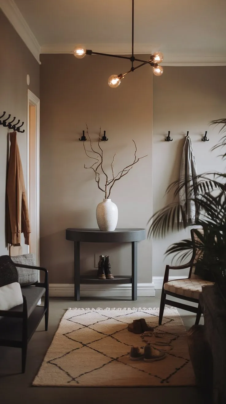 This cozy hallway welcomes you home with its elegant entryway design. The modern entryway features a minimalist console table, providing a practical yet stylish focal point. Simple decor, including a white vase and branches, adds a touch of understated elegance. The thoughtfully chosen lighting and muted color palette create a calming and inviting atmosphere, making this the perfect example of minimalist hallway and entryway ideas. The minimalist entryway is both functional and aesthetically pleasing.