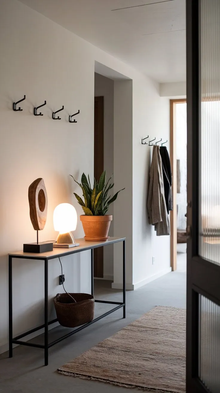 This bright and airy minimalist entryway is the epitome of modern entryway design. A few thoughtfully chosen items adorn the minimalist console table, creating a cozy hallway atmosphere without clutter. The simple wall hooks and soft rug complete this minimalist hallway, offering plenty of entryway ideas for a stylish and functional entry room.
