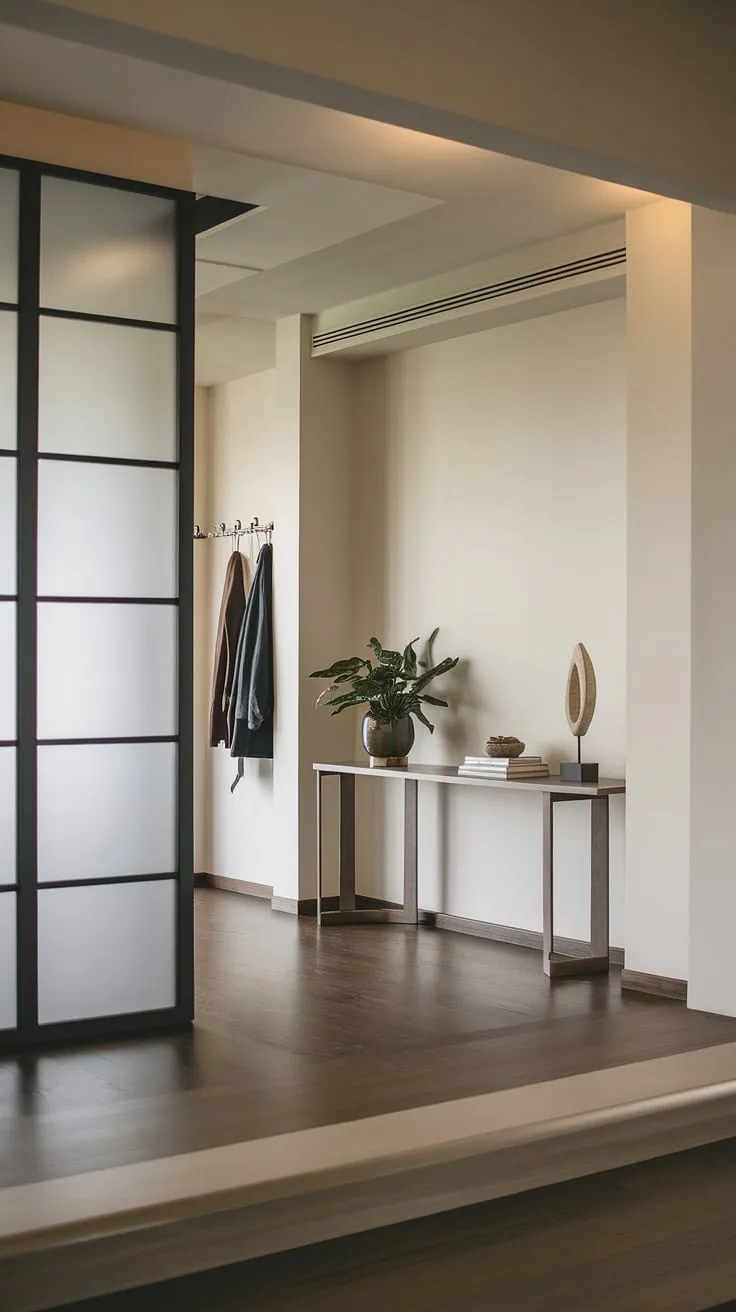 A minimalist console table anchors this modern entryway, creating an elegant entry room and inspiring entryway ideas. The cozy hallway and minimalist hallway design welcome you home.