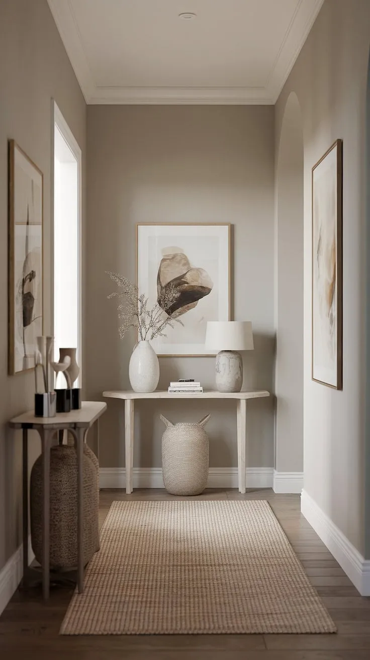 A minimalist console table anchors this elegant entryway, creating a cozy hallway and showcasing effortless modern entryway ideas. The perfect minimalist entry room.