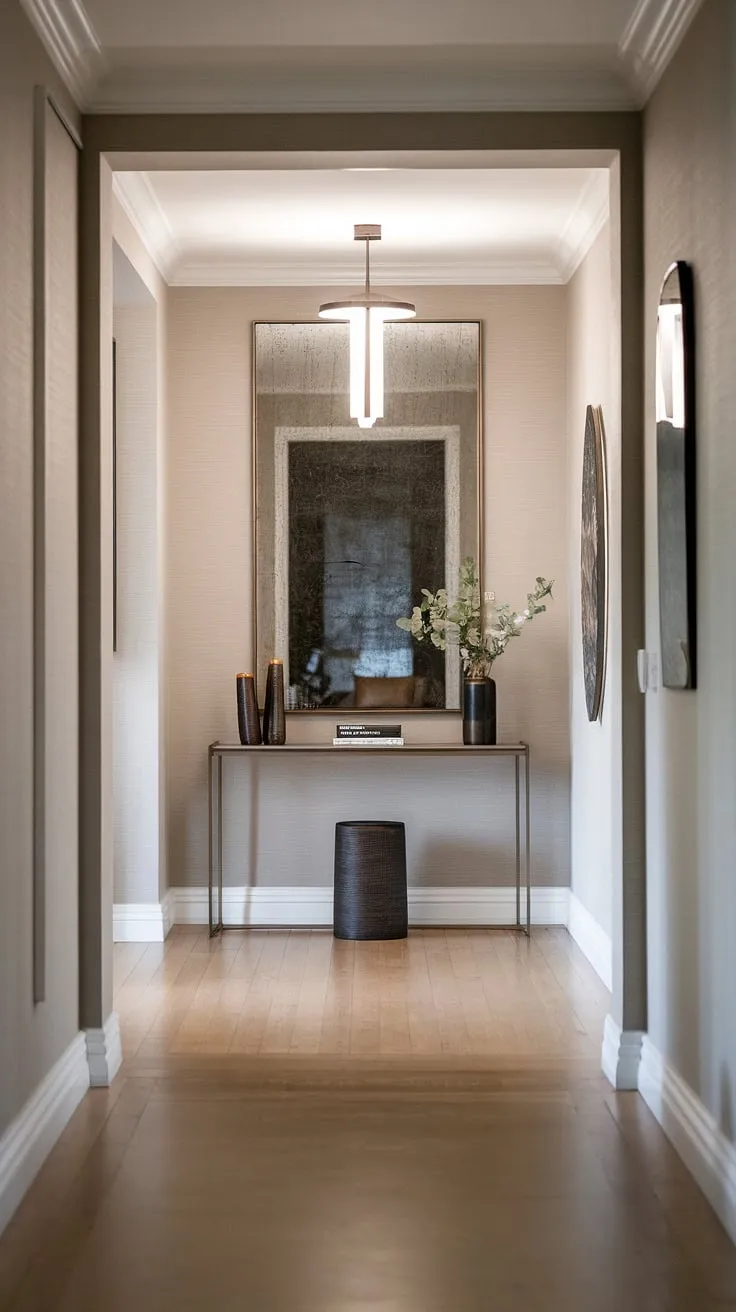 A modern entryway that's both stylish and inviting. This minimalist hallway features a cozy atmosphere and a minimalist console table, offering the perfect blend of elegant entryway design and practical functionality. Explore more minimalist entryway ideas.