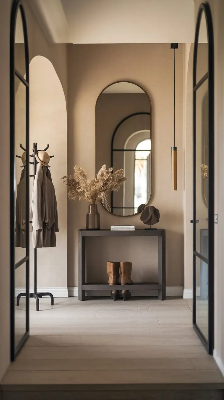 Step into serenity with this minimalist entryway. The light grey tiles, beige walls, and dark grey console table create a sophisticated yet cozy atmosphere, perfect for a modern home. This elegant entry room showcases simple yet impactful entryway ideas, proving that less is truly more. The minimalist console table and strategically placed mirror maximize space and light, transforming this cozy hallway into a stylish minimalist hallway.