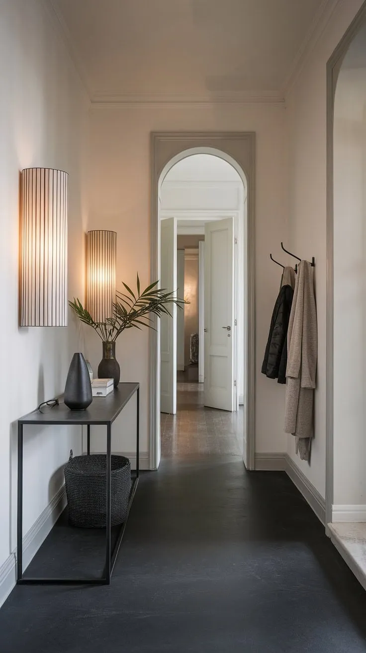 Step into serenity with this minimalist entryway. The dark grey floor contrasts beautifully with the crisp white walls, creating an elegant and cozy entry room. A minimalist console table, adorned with a few carefully chosen decorative items, anchors the space, while a sleek wall lamp adds a touch of modern sophistication. This minimalist entryway design offers entryway ideas for a stylish and functional home, leading into a cozy hallway perfect for a minimalist hallway aesthetic.