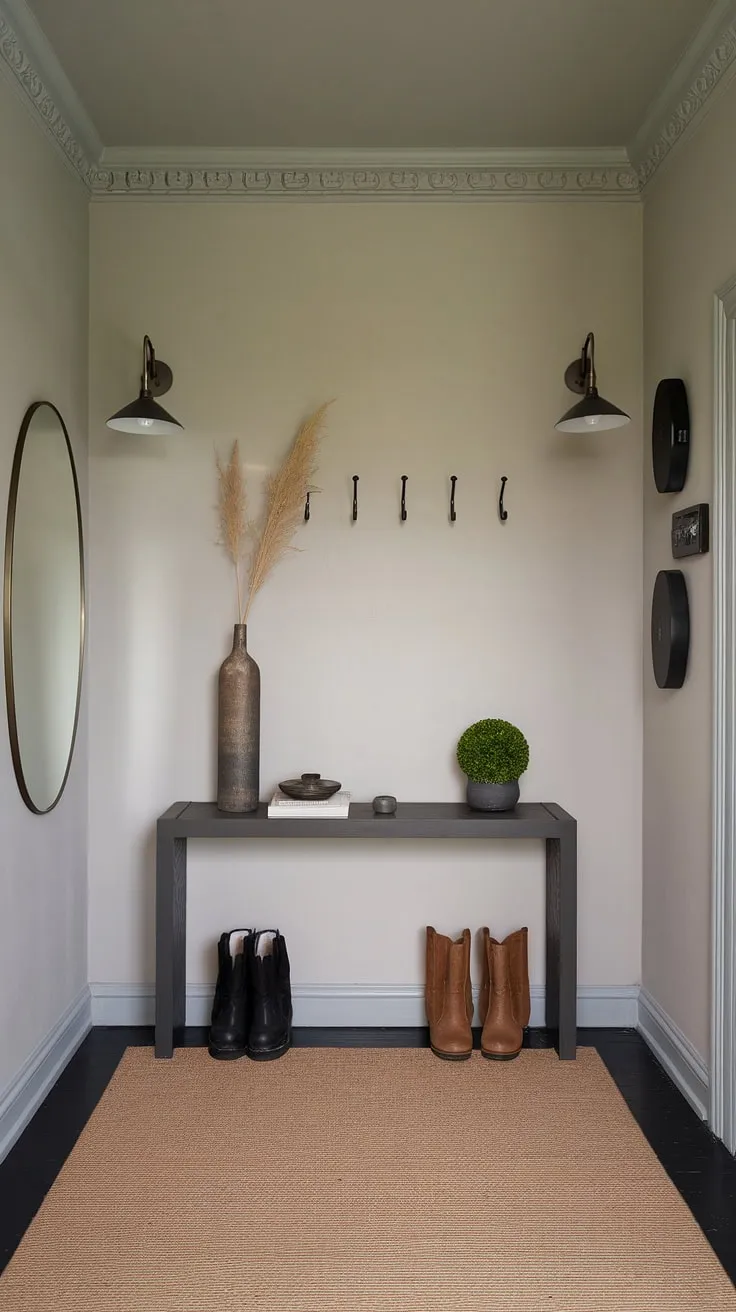 This cozy hallway boasts a minimalist design, featuring a sleek, dark grey minimalist console table styled with understated elegance. The light grey walls and simple wall sconces create a calming atmosphere in this modern entryway. This minimalist hallway offers practical entryway ideas, proving that less is truly more in creating a stylish and functional entry room.