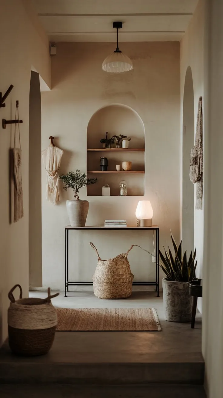 Step into serenity with this minimalist entryway. A cozy hallway transformed into an elegant entry room, featuring a minimalist console table, soft lighting, and carefully curated décor. This modern entryway offers entryway ideas for creating a welcoming and stylish space.