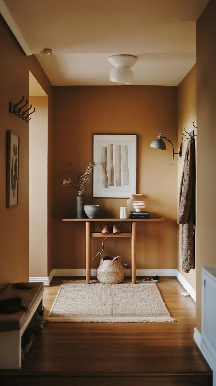 This minimalist hallway showcases the beauty of understated elegance. A minimalist console table, adorned with subtle decor, sits atop a plush rug, creating a cozy ambiance in this modern entryway. The warm wall tones and thoughtful placement of coat hooks complete this minimalist entryway design, offering a sophisticated yet inviting entry room, brimming with entryway ideas.