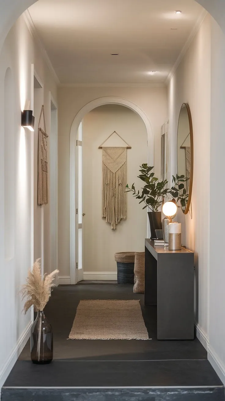 Step into serenity. This minimalist entryway, with its cozy hallway and elegant design, offers the perfect blend of modern style and welcoming warmth. Entry room goals achieved with simple entryway ideas and a minimalist console table.