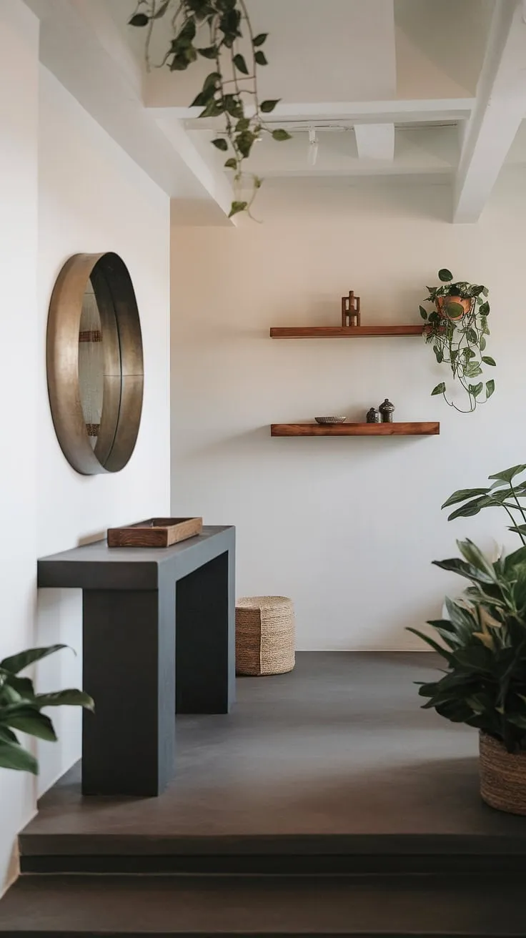 This modern entryway showcases the beauty of minimalist design. A dark gray minimalist console table, topped with a simple wooden object, sits beneath a striking round mirror. The white walls and dark gray floor create a clean backdrop, while a small wooden shelf and strategically placed plants add warmth to this cozy hallway. Explore these minimalist hallway and entryway ideas for your own elegant entry room.