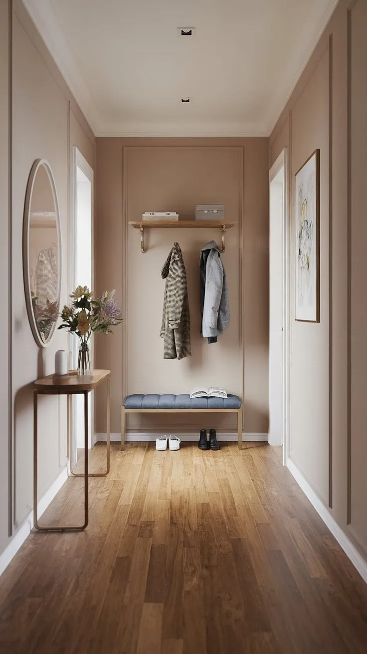 A cozy hallway transformed: This modern entryway showcases minimalist entryway ideas, featuring a minimalist console table and thoughtful details. The elegant entryway creates a welcoming atmosphere in any home.