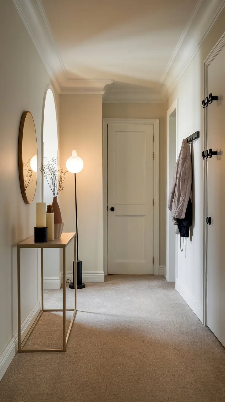 Step into serenity with this minimalist entryway. The beige carpet softens the clean lines of the white walls, while a minimalist console table, adorned with a vase and candle, adds a touch of elegance. The floor lamp casts a warm glow, creating a cozy hallway perfect for welcoming guests. This modern entry room showcases simple entryway ideas for a stylish and functional space.