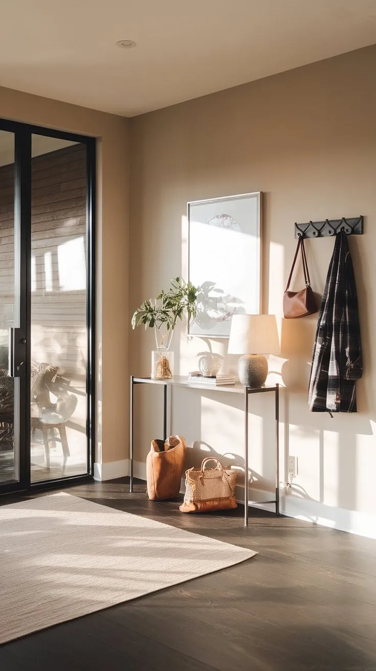 Sunlight streams into this elegant entryway, illuminating a minimalist console table adorned with a plant and lamp. The dark hardwood floor contrasts beautifully with the beige walls, creating a cozy hallway perfect for a modern entryway. This minimalist entryway offers both style and functionality, with a coat rack and hooks providing ample storage. Entry room design inspiration at its finest. These entryway ideas showcase a minimalist hallway with a sophisticated touch.