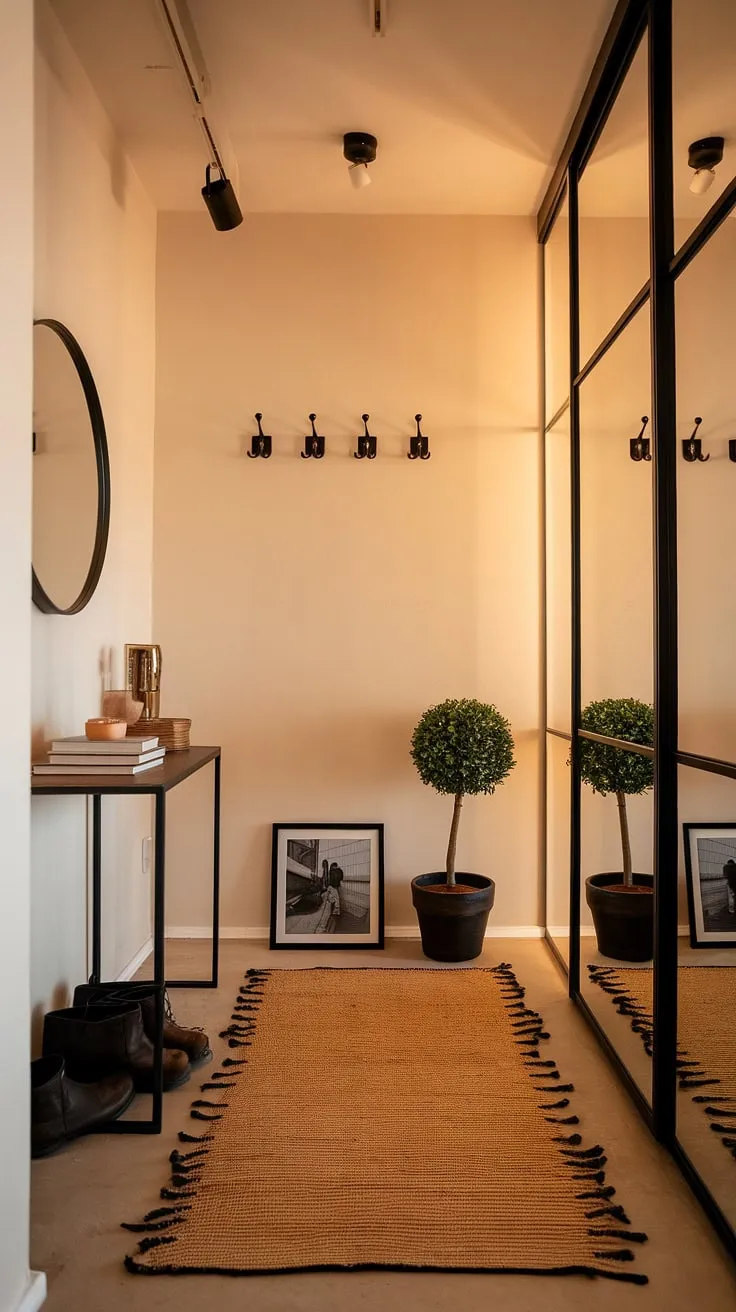 A minimalist hallway transformed into a welcoming and stylish entry room. This modern entryway features a minimalist console table, perfectly complemented by a beige rug and carefully chosen accents. The simple yet elegant design, incorporating a coat rack and a large mirror, makes this minimalist entryway a true showstopper. These entryway ideas create a cozy atmosphere without sacrificing modern aesthetics.