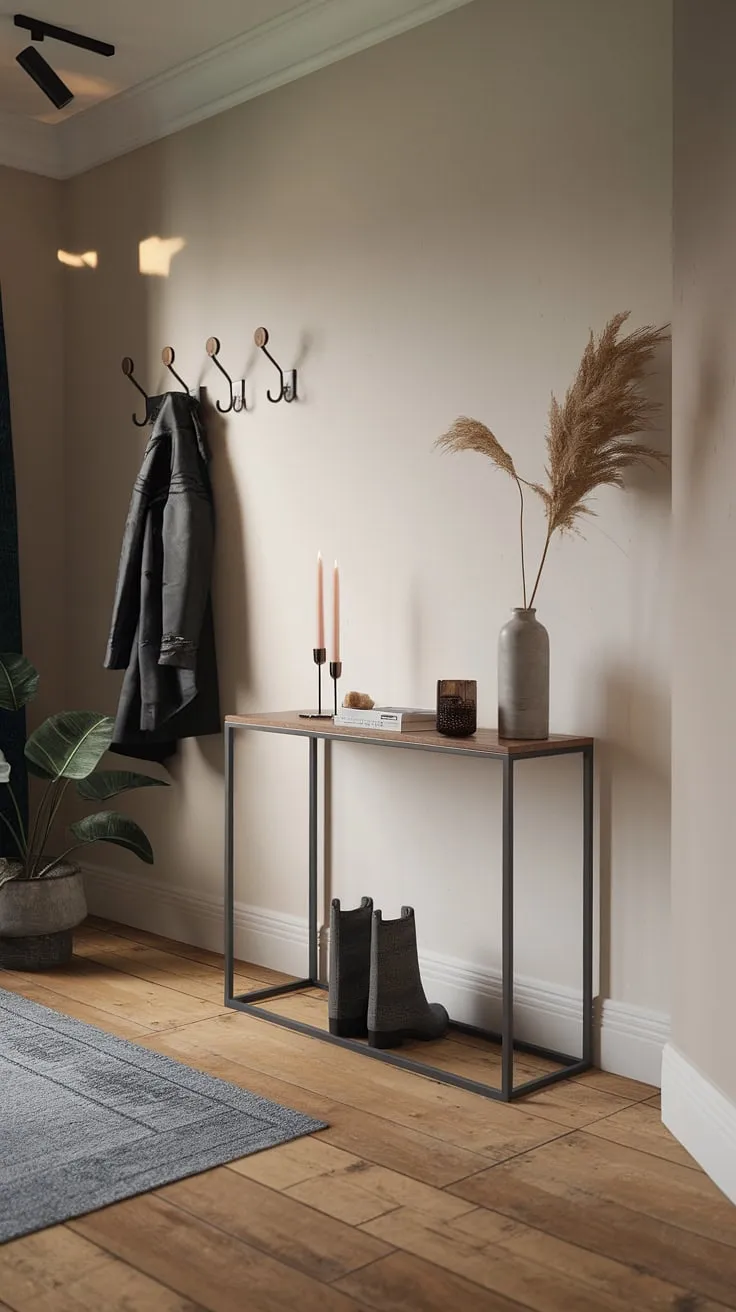 Step into serenity. This minimalist entry room, with its elegant entryway and cozy hallway, showcases modern entryway design at its finest. The minimalist console table adds a touch of sophistication.
