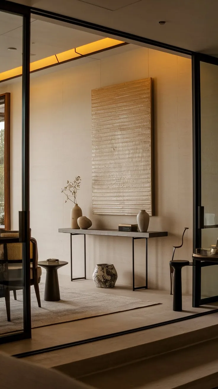 Step into serenity. This minimalist entryway, featuring a cozy hallway and elegant entryway design, sets the tone for the entire home. Entry room perfection with a minimalist console table and modern entryway style.