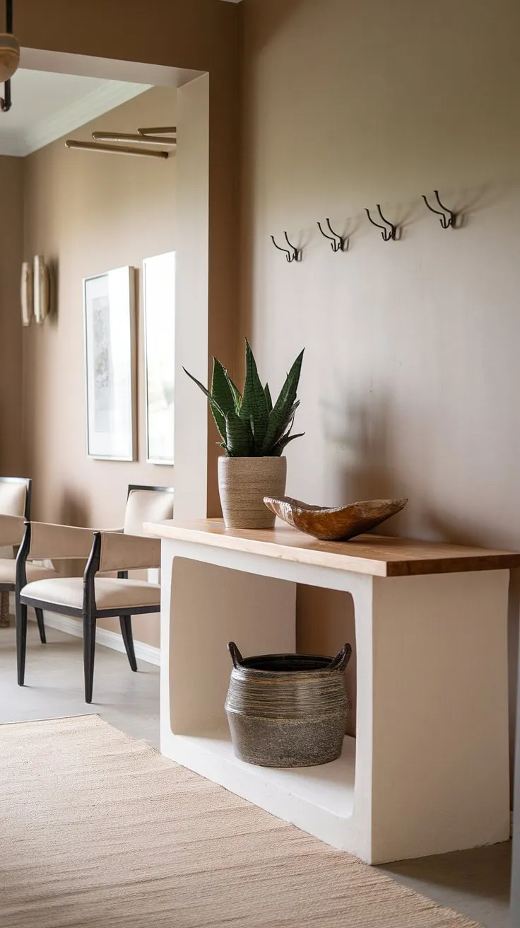 Step into serenity with this minimalist entryway. The elegant design, featuring a minimalist console table with a wooden top and a calming beige palette, creates a cozy hallway perfect for welcoming guests. This modern entry room showcases simple yet sophisticated entryway ideas for a truly inviting space.