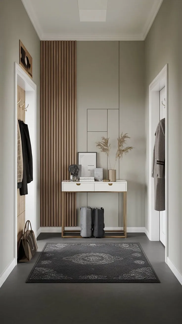Step into serenity: This minimalist entryway, with its cozy hallway and elegant design, offers the perfect blend of modern style and functional entry room space. Entryway ideas don't get much better than this minimalist console table and dark gray rug.