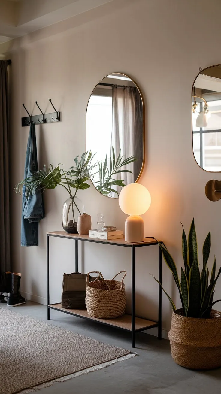 A minimalist console table anchors this modern entryway, creating a cozy hallway perfect for a minimalist entryway design. The elegant entryway features subtle details like a small plant and a lamp, adding warmth to the space. Simple wall hooks and a mirror enhance the functionality, making this a stunning example of minimalist hallway design and a great source of entryway ideas for your own home.