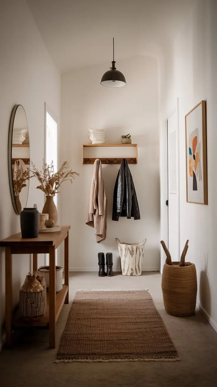 Step into serenity. This minimalist entryway, with its cozy hallway and elegant design, offers entry room inspiration for a modern home. A minimalist console table completes the look.