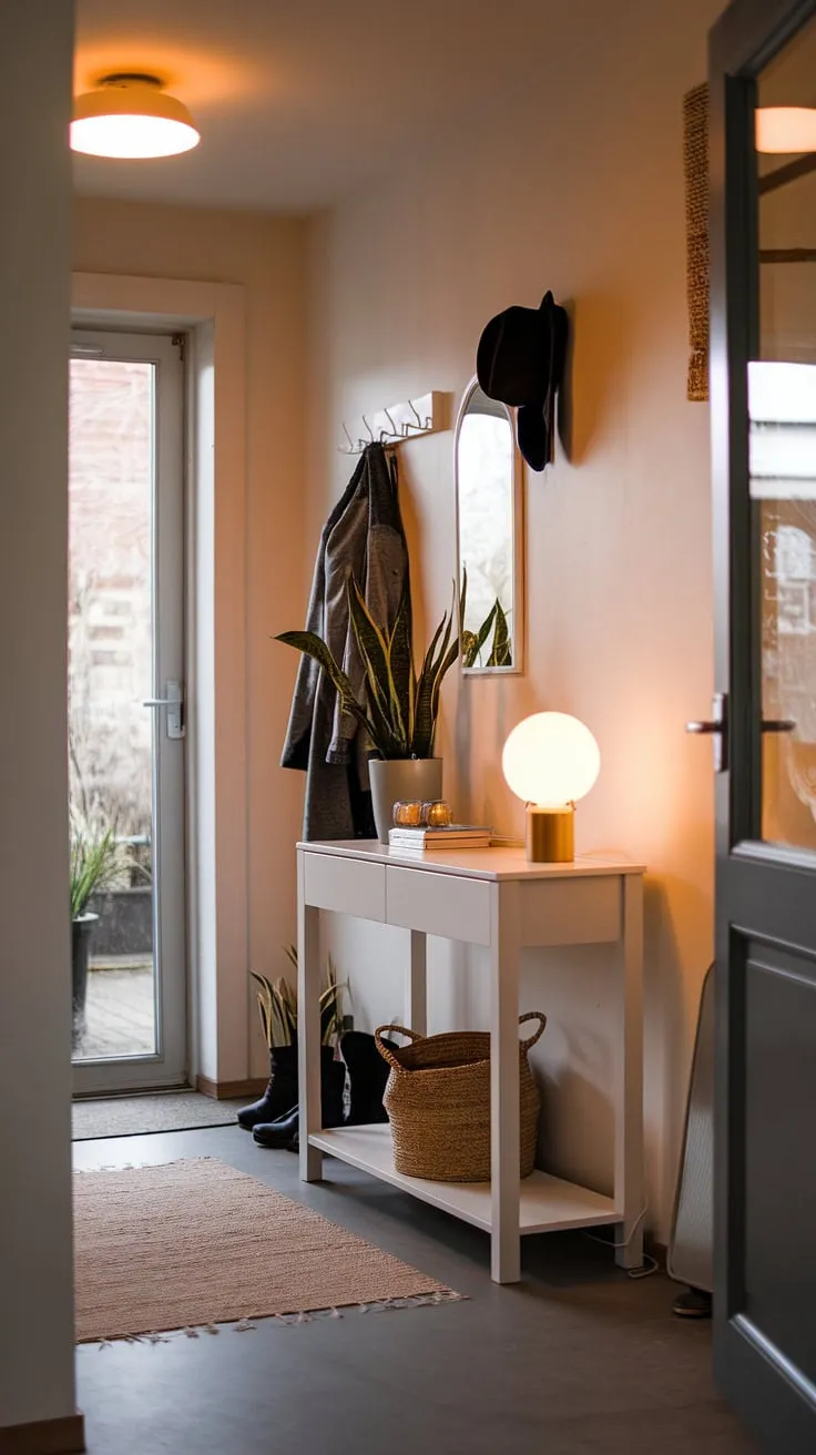 A minimalist console table anchors this modern entryway, creating an elegant and inviting entry room. Entryway ideas for a cozy, minimalist hallway.
