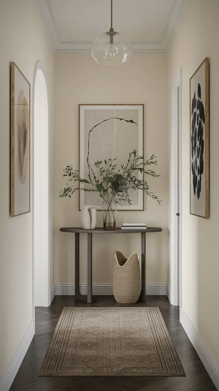 A modern entryway redefined: This cozy hallway boasts a minimalist console table, showcasing simple elegance and creating a welcoming minimalist entryway. Find inspiration for your own entryway ideas in this stunning space.