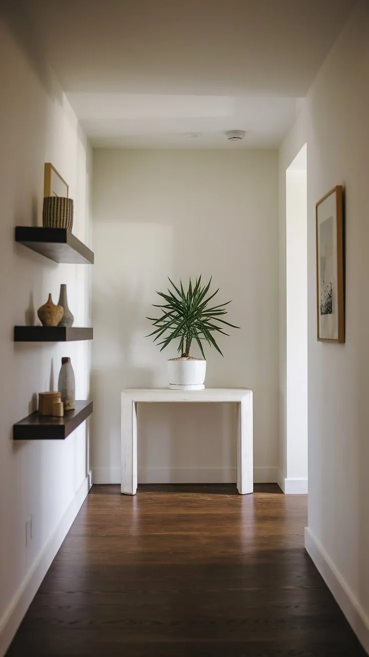 Step into serenity with this minimalist entryway. A white console table, adorned with a single plant, anchors the space, while a floating shelf adds subtle personality. The cozy hallway beckons, promising warmth and quietude. This elegant entryway, perfect for entry room inspiration, showcases modern entryway design at its finest. The dark wood floors and soft lighting complete the minimalist hallway aesthetic.