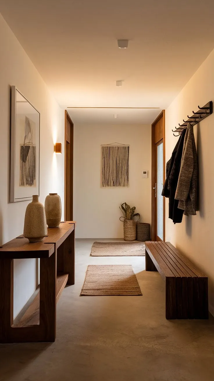 Step into serenity. This minimalist entryway, with its cozy ambiance and elegant design, offers the perfect blend of modern style and welcoming warmth. Entry room goals achieved.