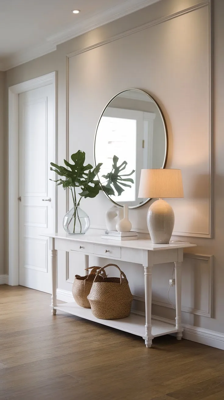 A bright and welcoming minimalist entryway. This modern entryway and cozy hallway showcase entryway ideas perfect for a minimalist entryway design. The minimalist console table adds a touch of elegance.