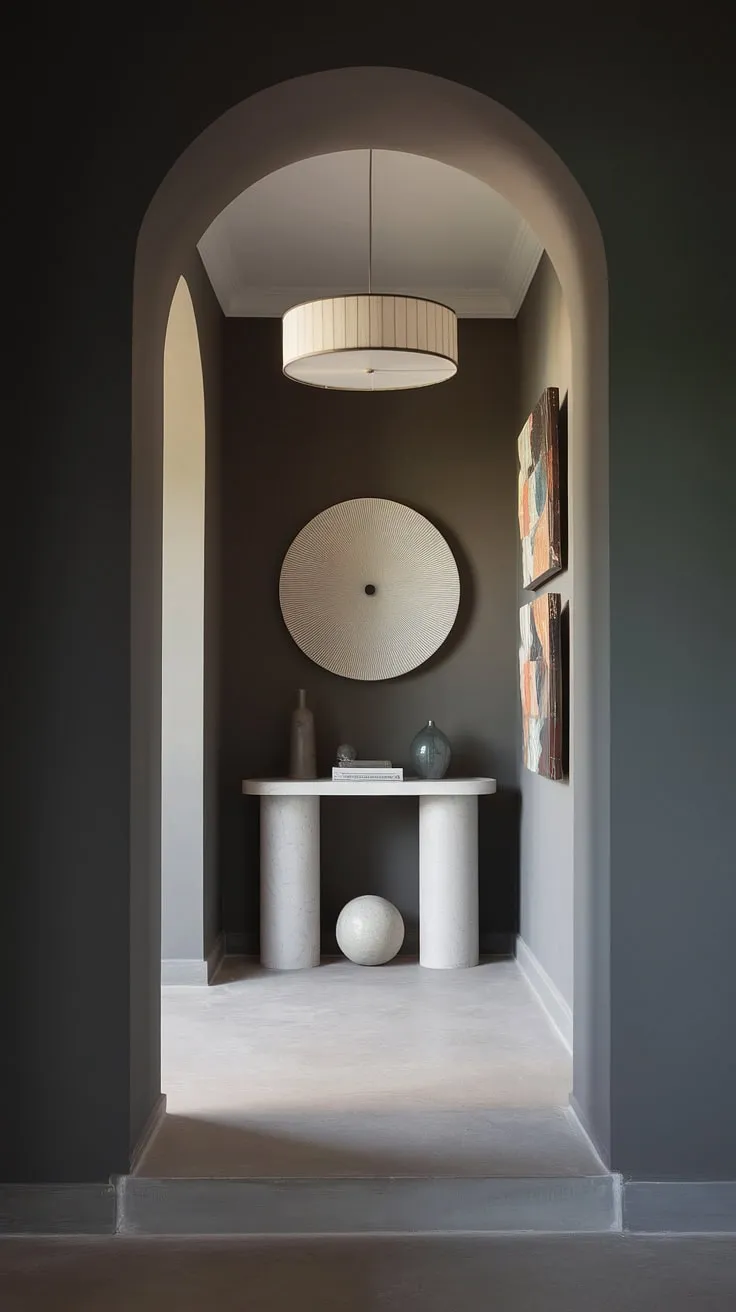 This cozy hallway is the perfect example of a minimalist entryway. The light and airy space features a minimalist console table against a dark gray wall, creating a sophisticated yet welcoming feel. The simple yet elegant design, incorporating a large circular pendant lamp, makes this modern entryway a stunning example of minimalist hallway design. These entryway ideas are perfect for creating a stylish and functional entry room.