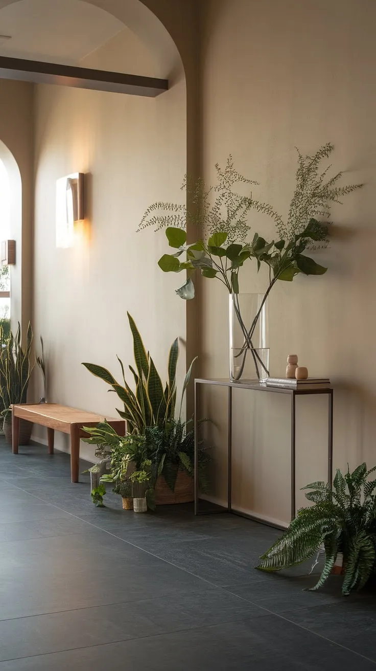 Step into serenity. This minimalist entryway, with its cozy hallway and elegant design, offers entry room inspiration for a modern home. The minimalist console table and carefully chosen plants complete the look.