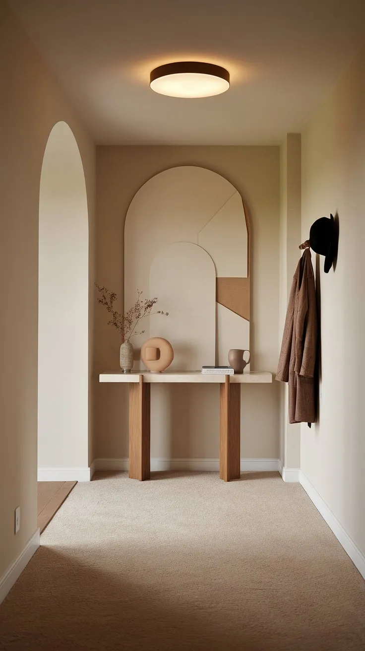 Step into serenity with this minimalist entryway. The beige carpet softens the modern lines of the white walls and minimalist console table, creating a cozy hallway perfect for welcoming guests. This elegant entryway offers a wealth of entryway ideas for a stylish and functional entry room.
