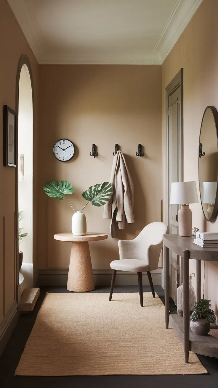 Step into serenity with this elegant entryway. The minimalist console table, adorned with a simple vase of greenery, sets a calm tone in this cozy hallway. This modern entryway offers entryway ideas for creating a welcoming and stylish entry room, showcasing a perfect blend of minimalist hallway design and cozy ambiance.